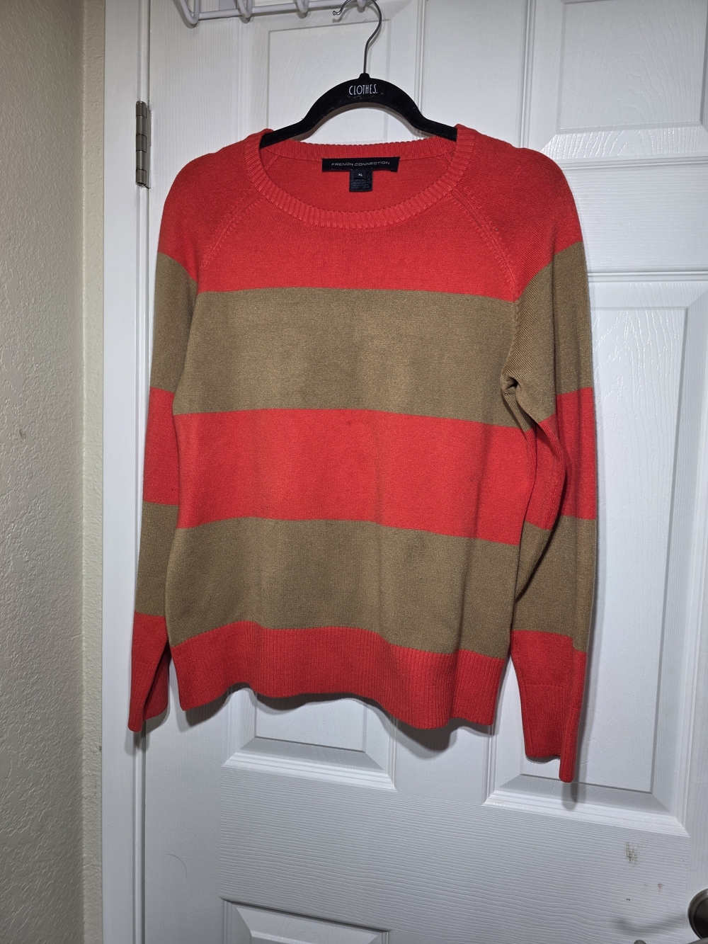 French Connection Women's XL Orange Brown Striped Crew Neck Sweater